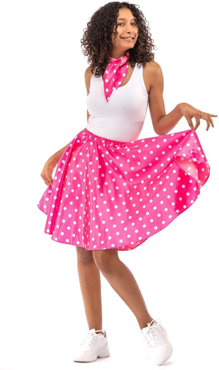 Jaren 50 Kostuum | Jaren 50 Glimmend Roze Polkadot Rock And Roll Swing | Vrouw | 3XL | Carnaval kostuum | Verkleedkleding